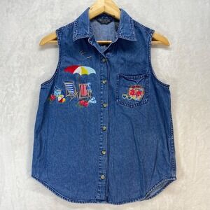 Solutions New York Denim Sleeveless Shirt‎ Beach Embroidery Button Up S